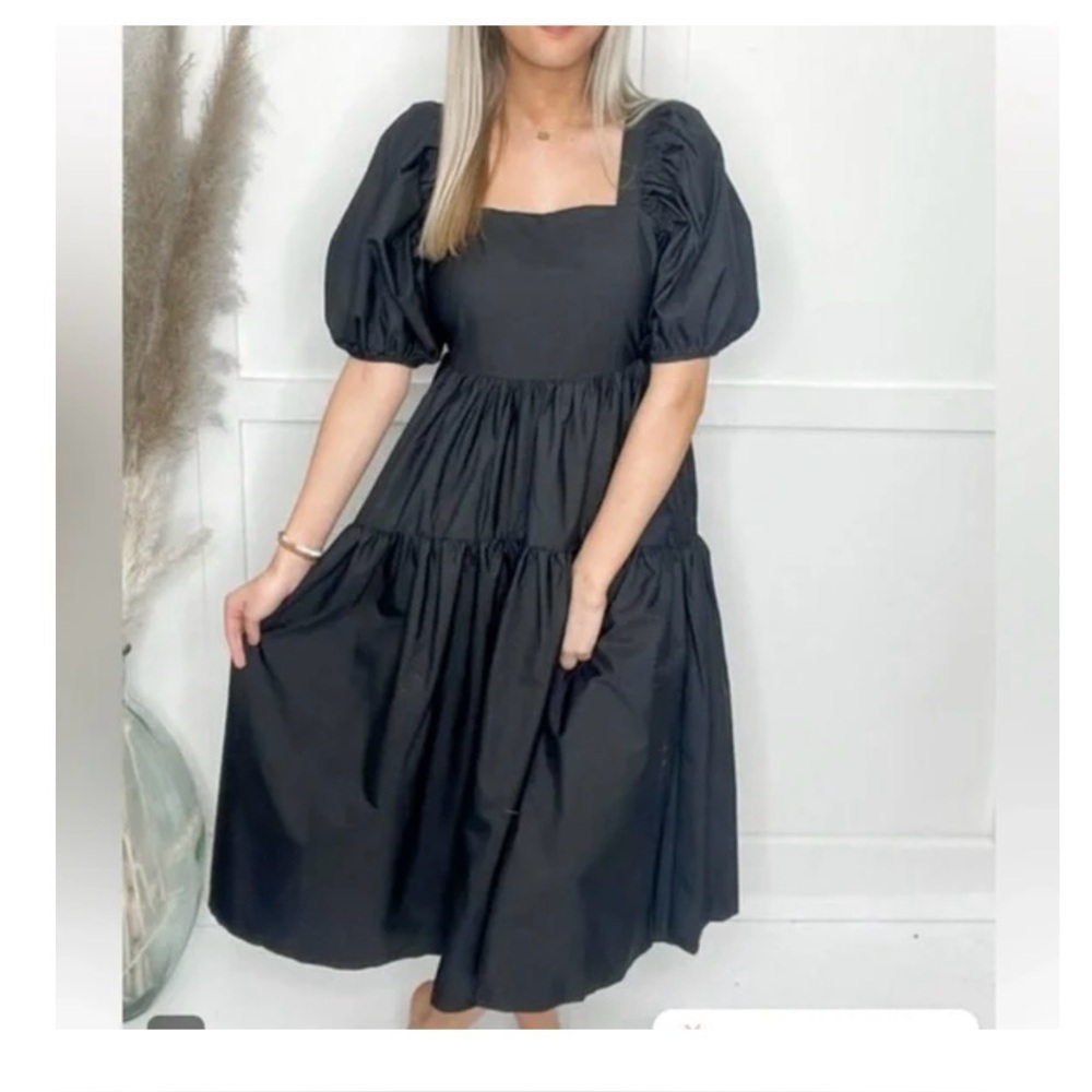 MOODIE Alex Midi Black Dress 100% Cotton Puff Sleeves size Small